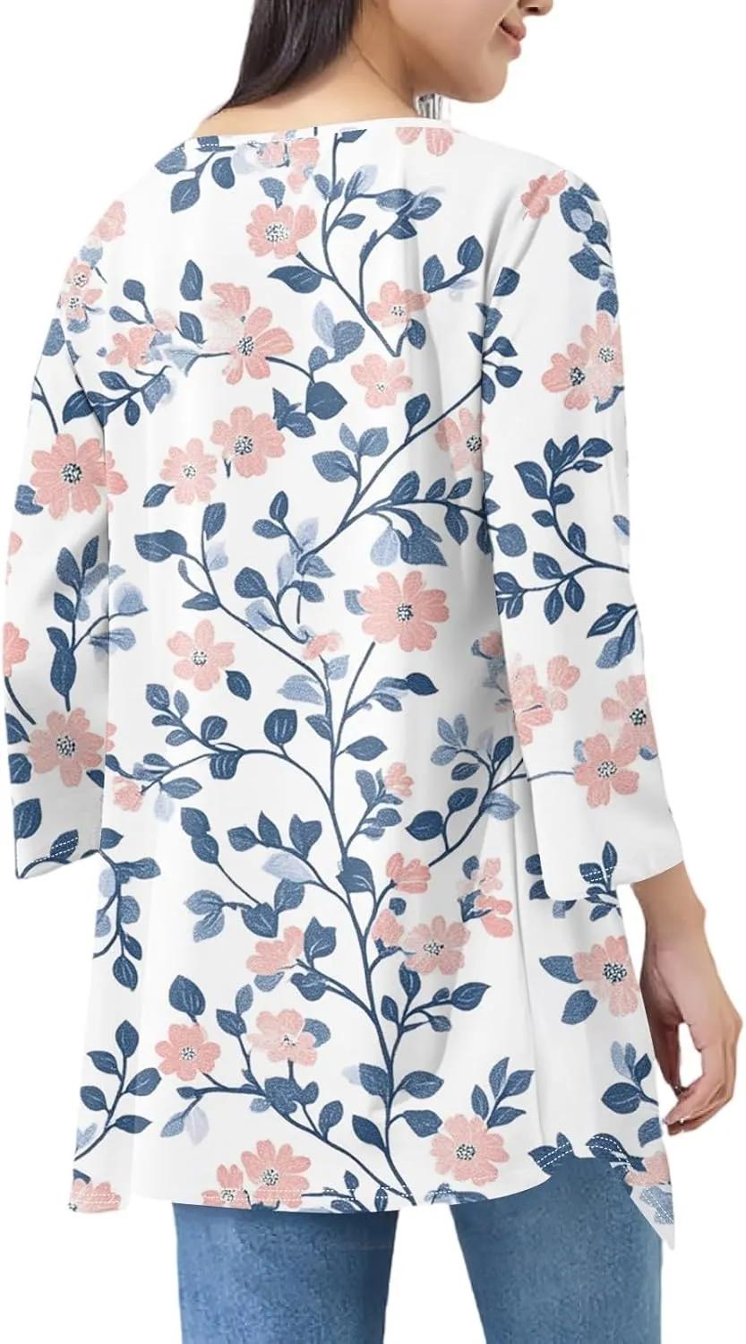3/4 Sleeve Cardigan for Women Summer Beach Vacation Clothes Womens Lightweight Cardigans Hawaiian Floral Shirts