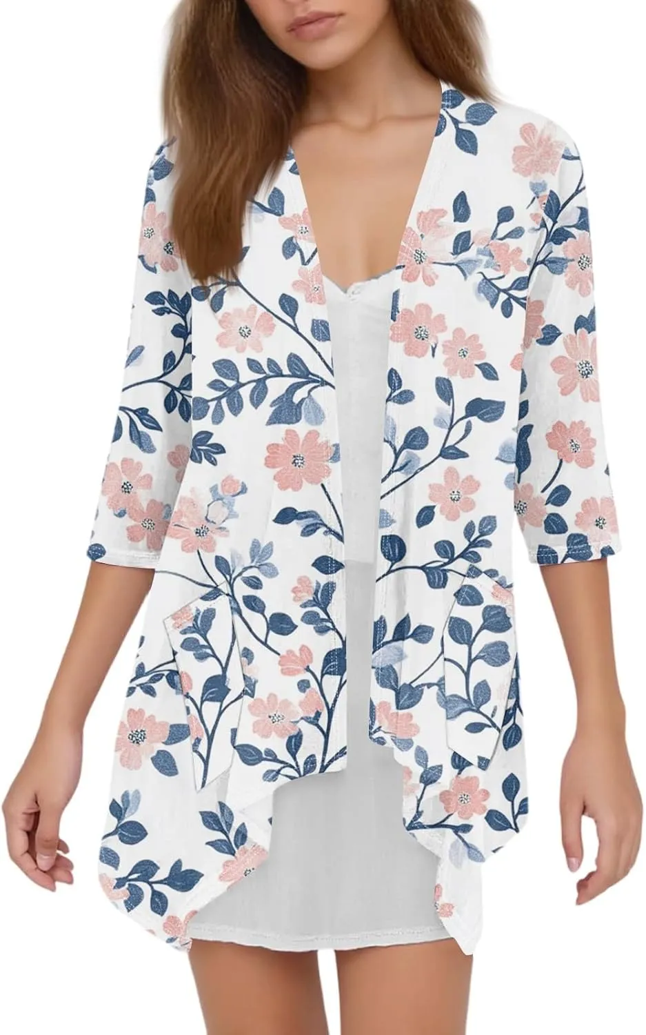 3/4 Sleeve Cardigan for Women Summer Beach Vacation Clothes Womens Lightweight Cardigans Hawaiian Floral Shirts