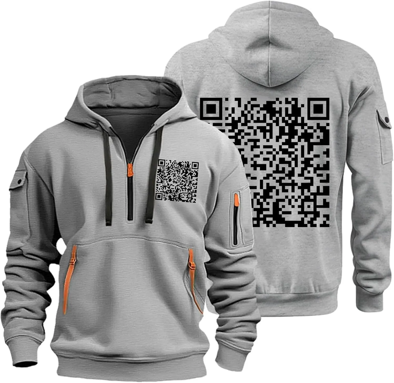 Casual Hoodies for Men Oversized Quarter Zip Pullover Tactical Hoodies QR Code Sweatshirts with Pockets