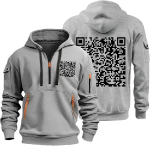 Casual Hoodies for Men Oversized Quarter Zip Pullover Tactical Hoodies QR Code Sweatshirts with Pockets