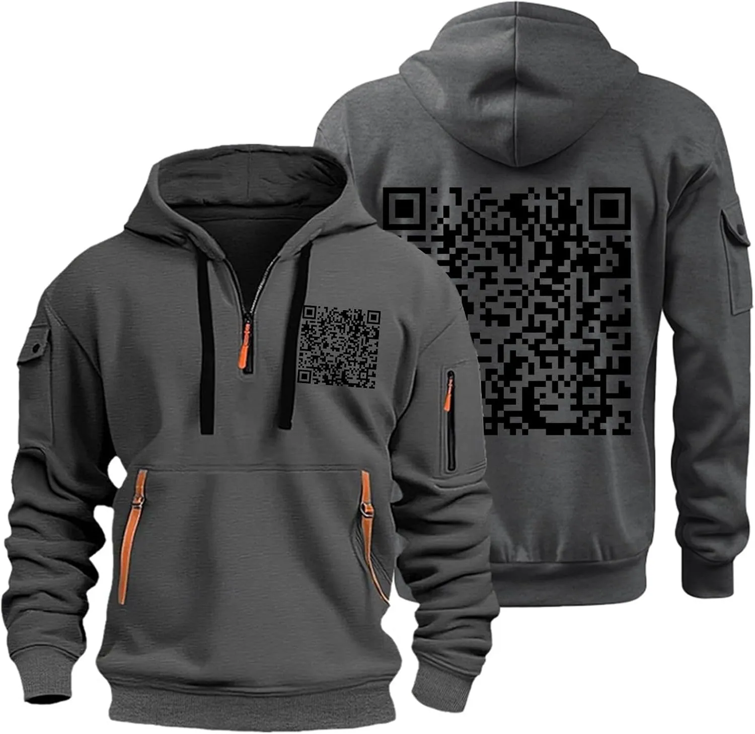 Casual Hoodies for Men Oversized Quarter Zip Pullover Tactical Hoodies QR Code Sweatshirts with Pockets