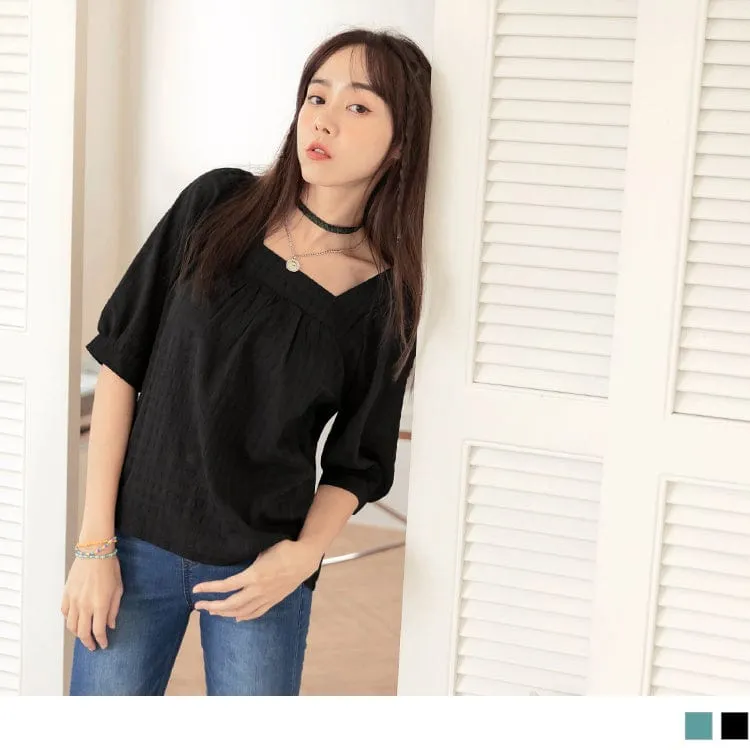 CHECKED SQUARE NECK PUFF SLEEVE TOPS