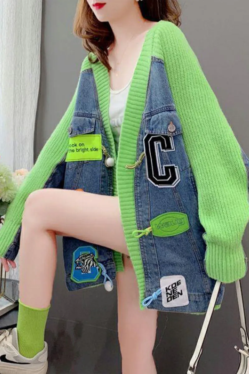 CI0396 Denim Mixed Knit Cardigan