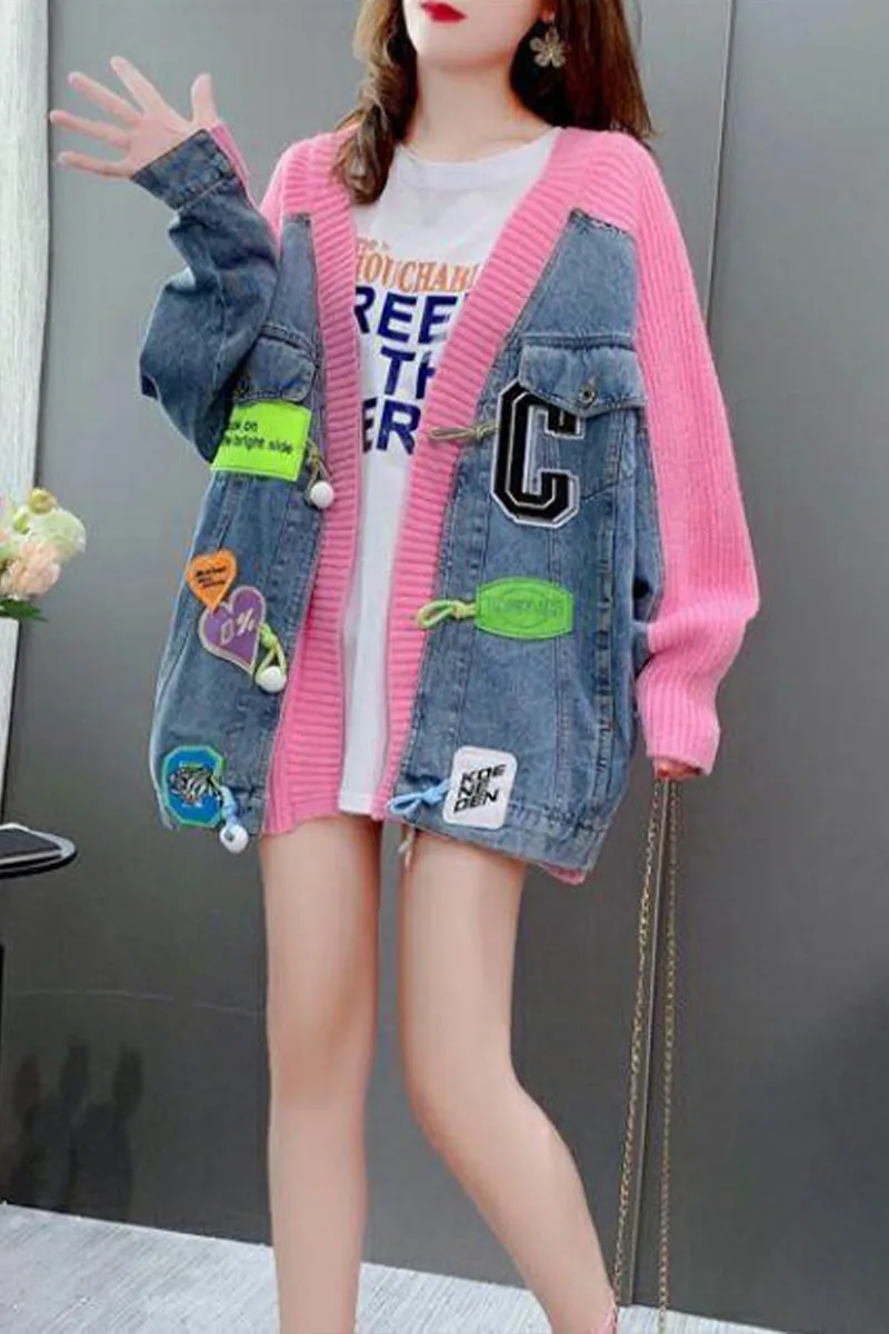 CI0396 Denim Mixed Knit Cardigan