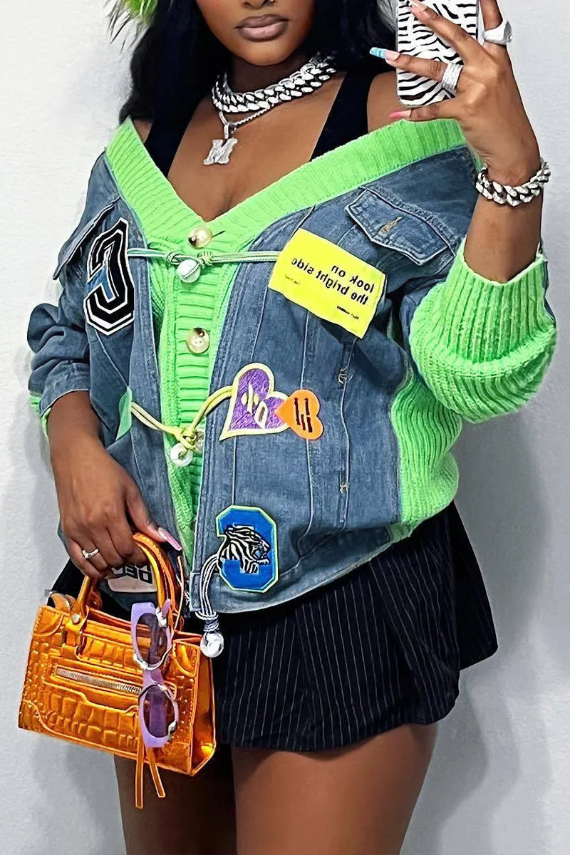CI0396 Denim Mixed Knit Cardigan