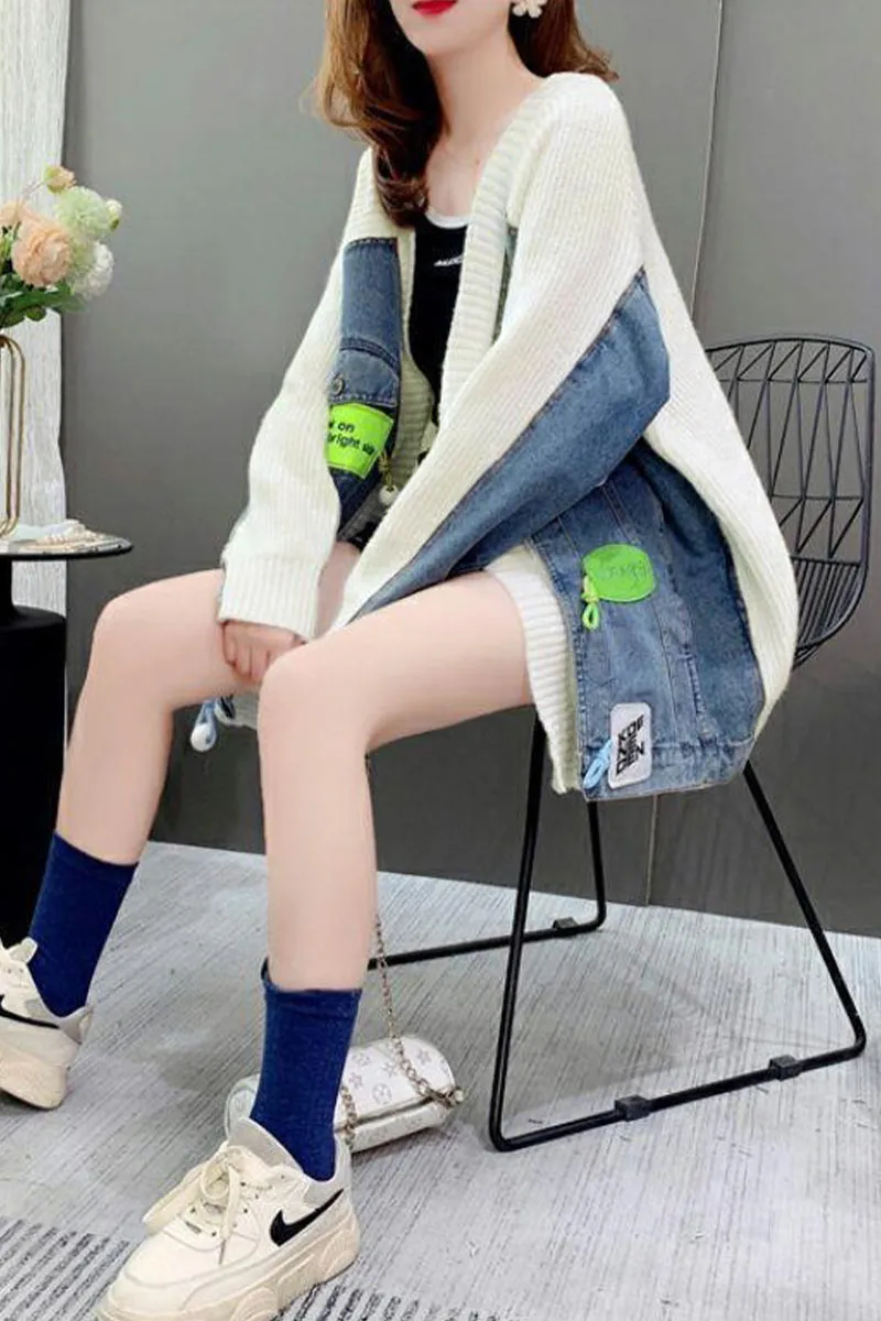 CI0396 Denim Mixed Knit Cardigan