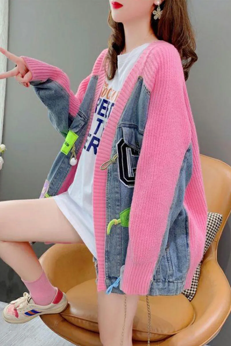CI0396 Denim Mixed Knit Cardigan