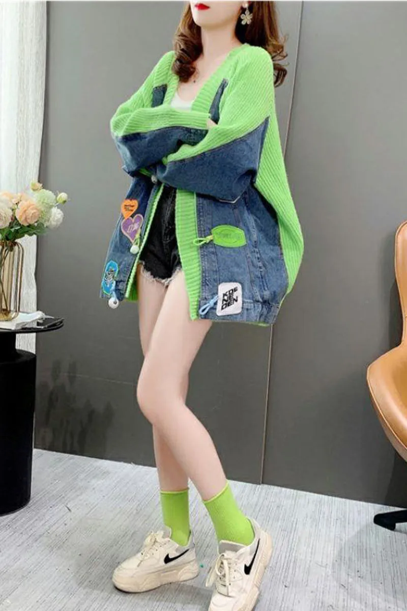 CI0396 Denim Mixed Knit Cardigan