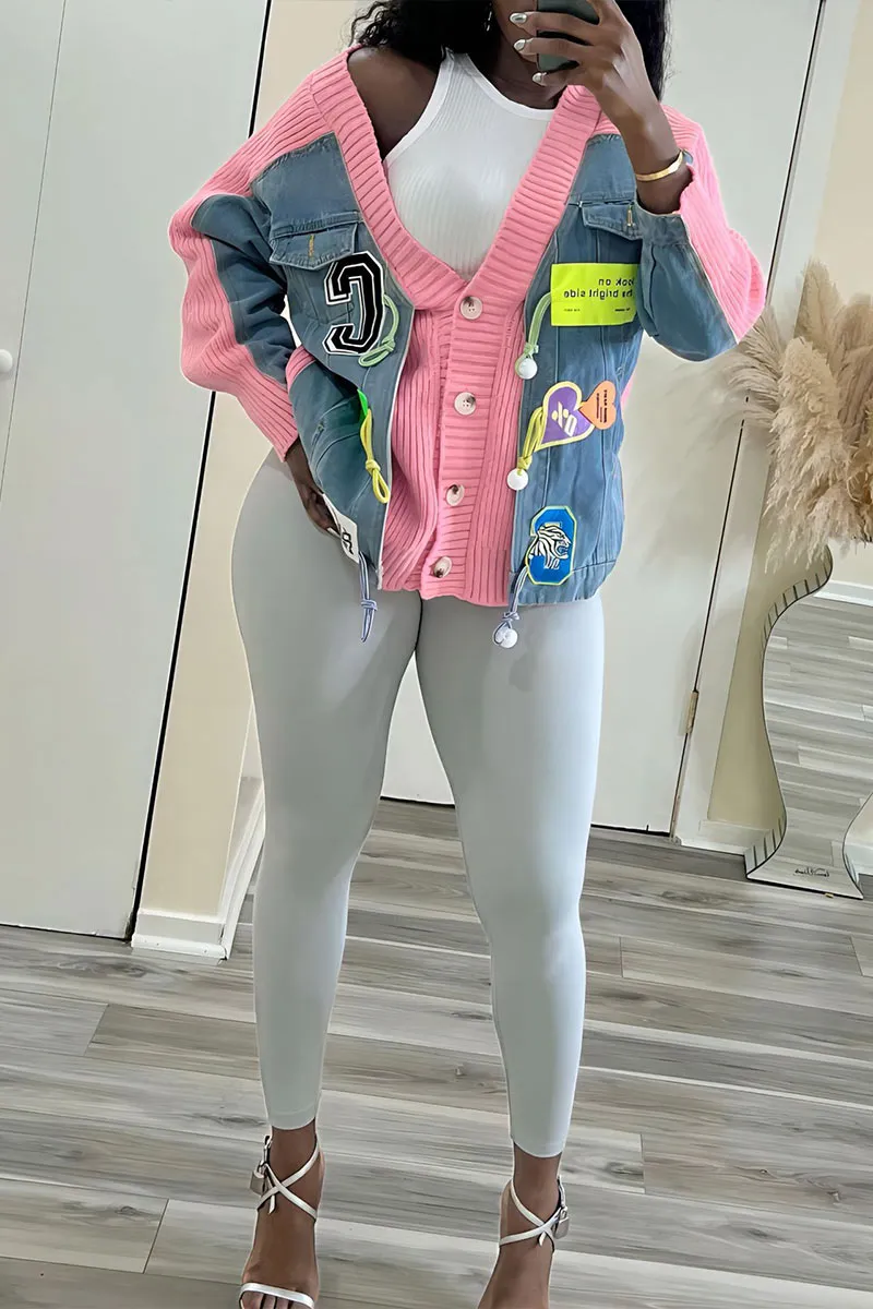 CI0396 Denim Mixed Knit Cardigan