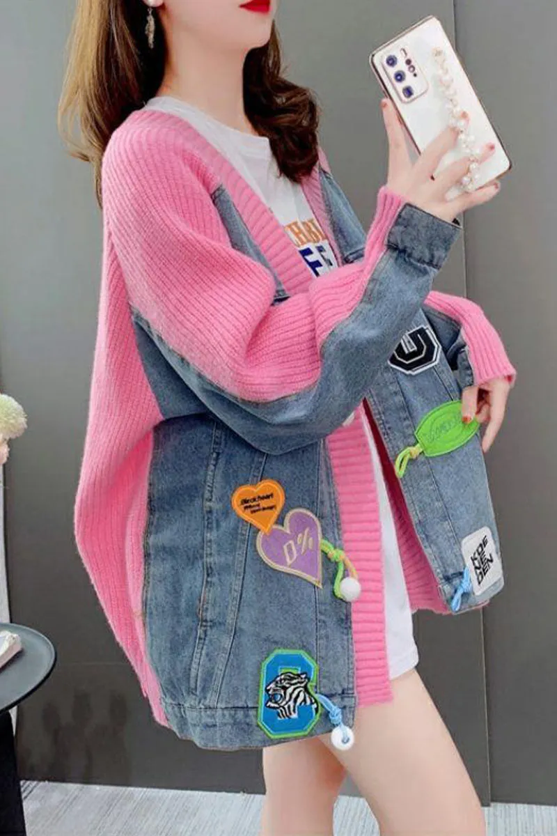 CI0396 Denim Mixed Knit Cardigan