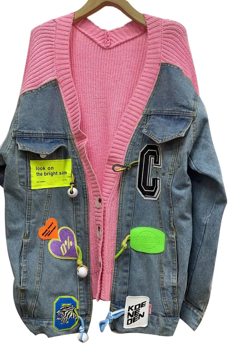 CI0396 Denim Mixed Knit Cardigan