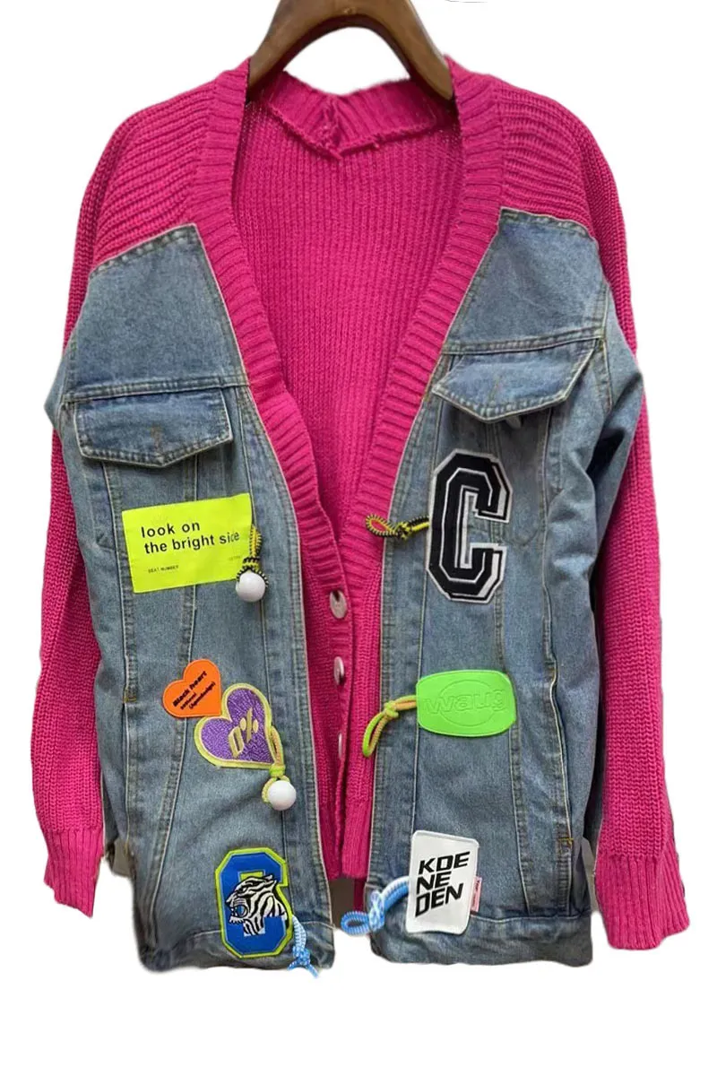 CI0396 Denim Mixed Knit Cardigan