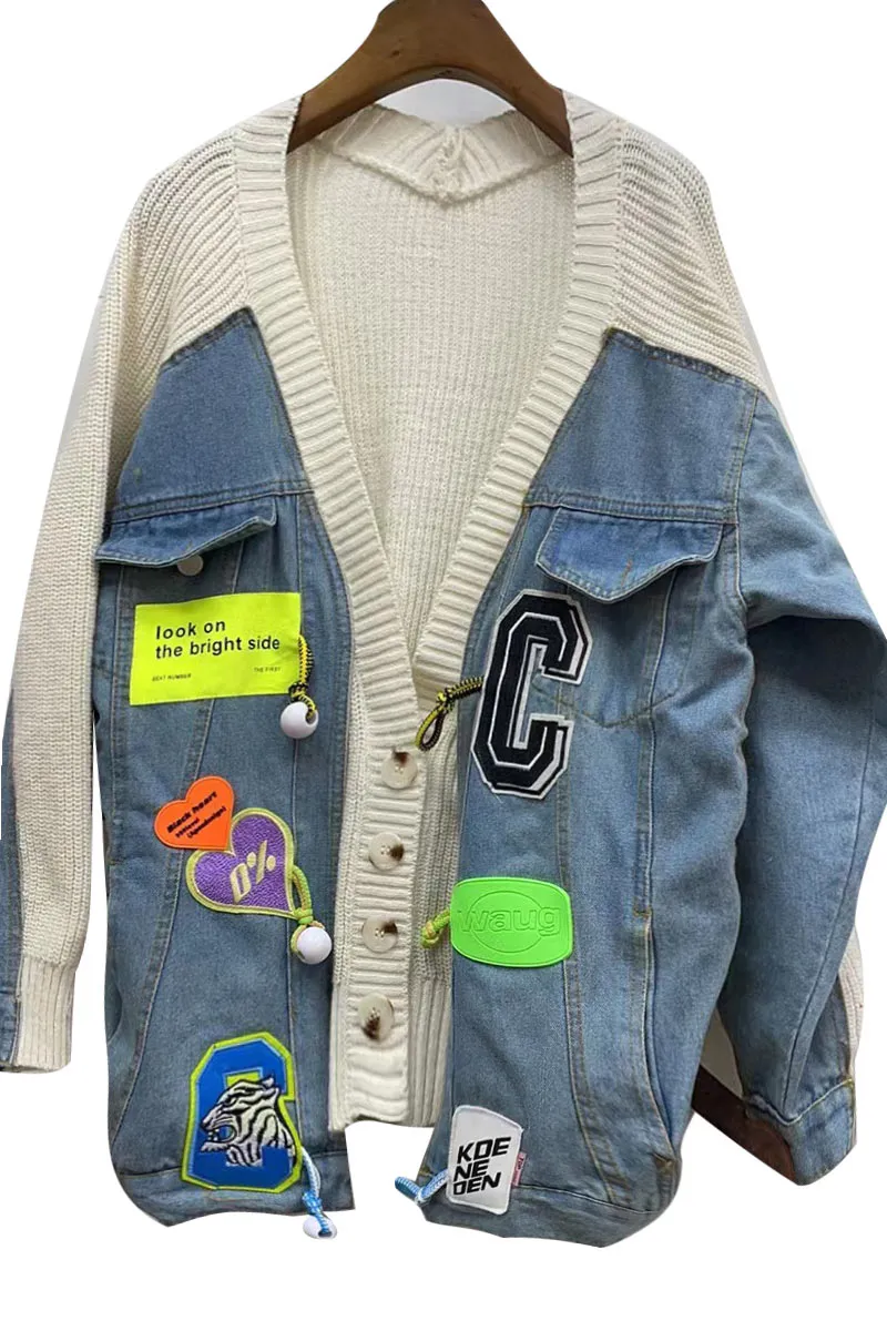 CI0396 Denim Mixed Knit Cardigan