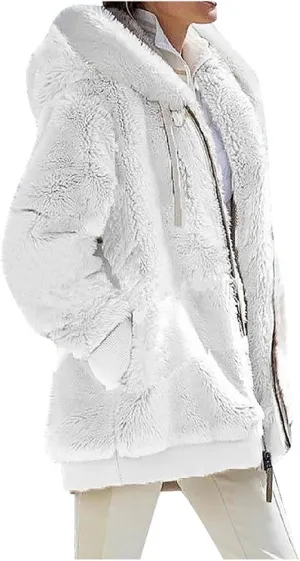 Fuzzy Fleece Jackets for Women Sherpa Lined Long Sleeve Full Zip Up Plush Jacket Loose Fit Hooded Warm Winter Coats
