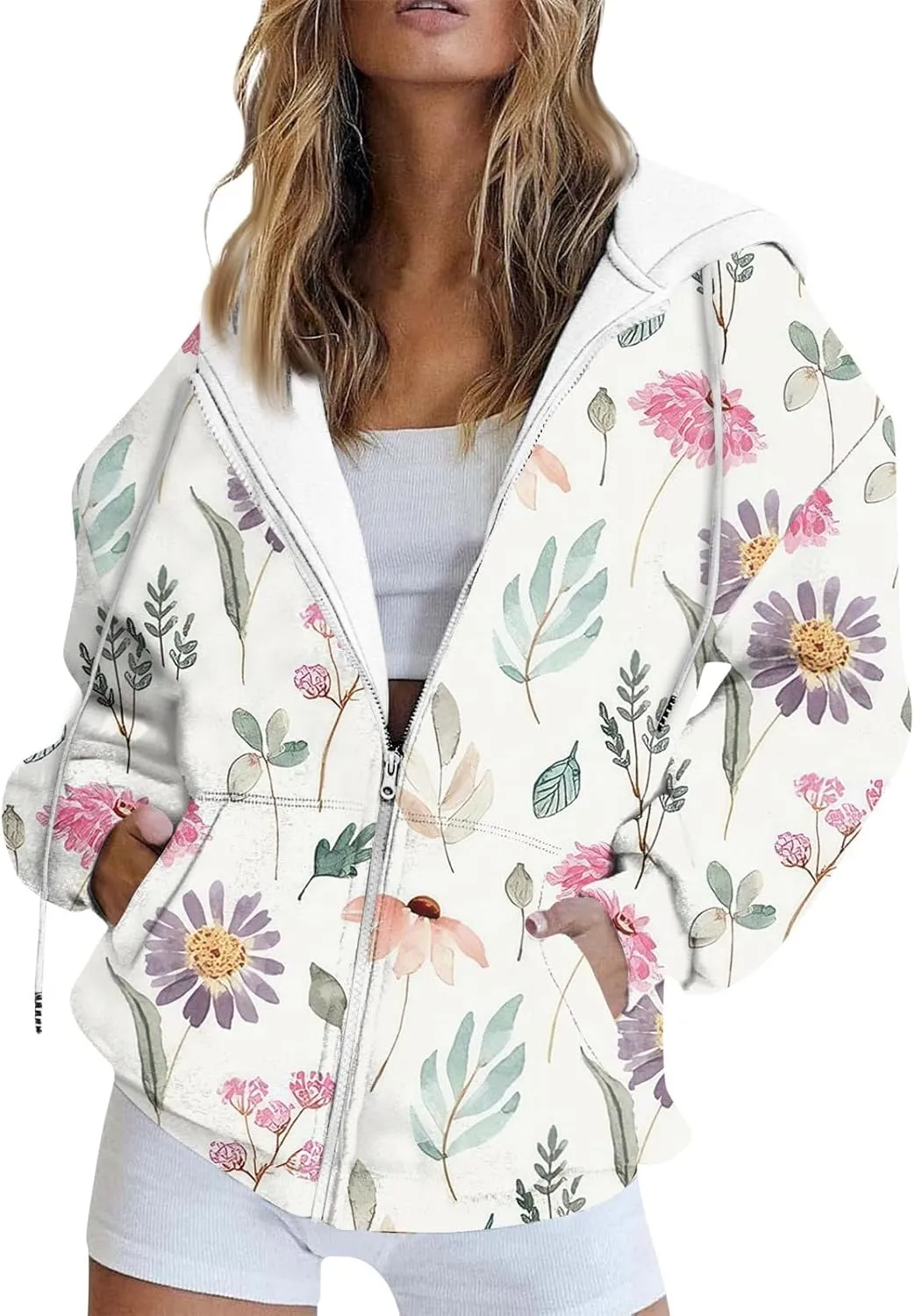 Hoodies for Women Zip Up Long Sleeve Sweatshirts Fleece Y2k Oversized Jackets Fashion Drawstring Hoodies Outfits