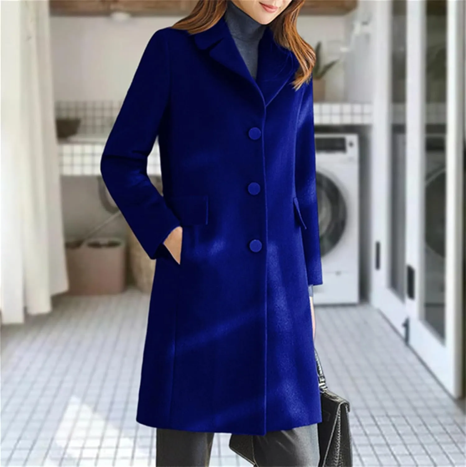 Kubbon Women's Wool Blend Coat Notched Lapel Single Breasted Long Trench Coat Elegant Long Sleeve Mid Length Business Outwear