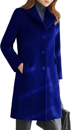 Kubbon Women's Wool Blend Coat Notched Lapel Single Breasted Long Trench Coat Elegant Long Sleeve Mid Length Business Outwear