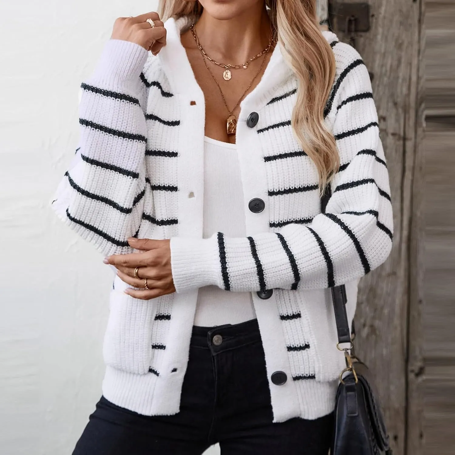 Long Cardigans for Women's Open Front Button up Plus Size Cardigans Striped Loose Chunky Knit Sweaters Outwear Coat