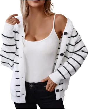 Long Cardigans for Women's Open Front Button up Plus Size Cardigans Striped Loose Chunky Knit Sweaters Outwear Coat