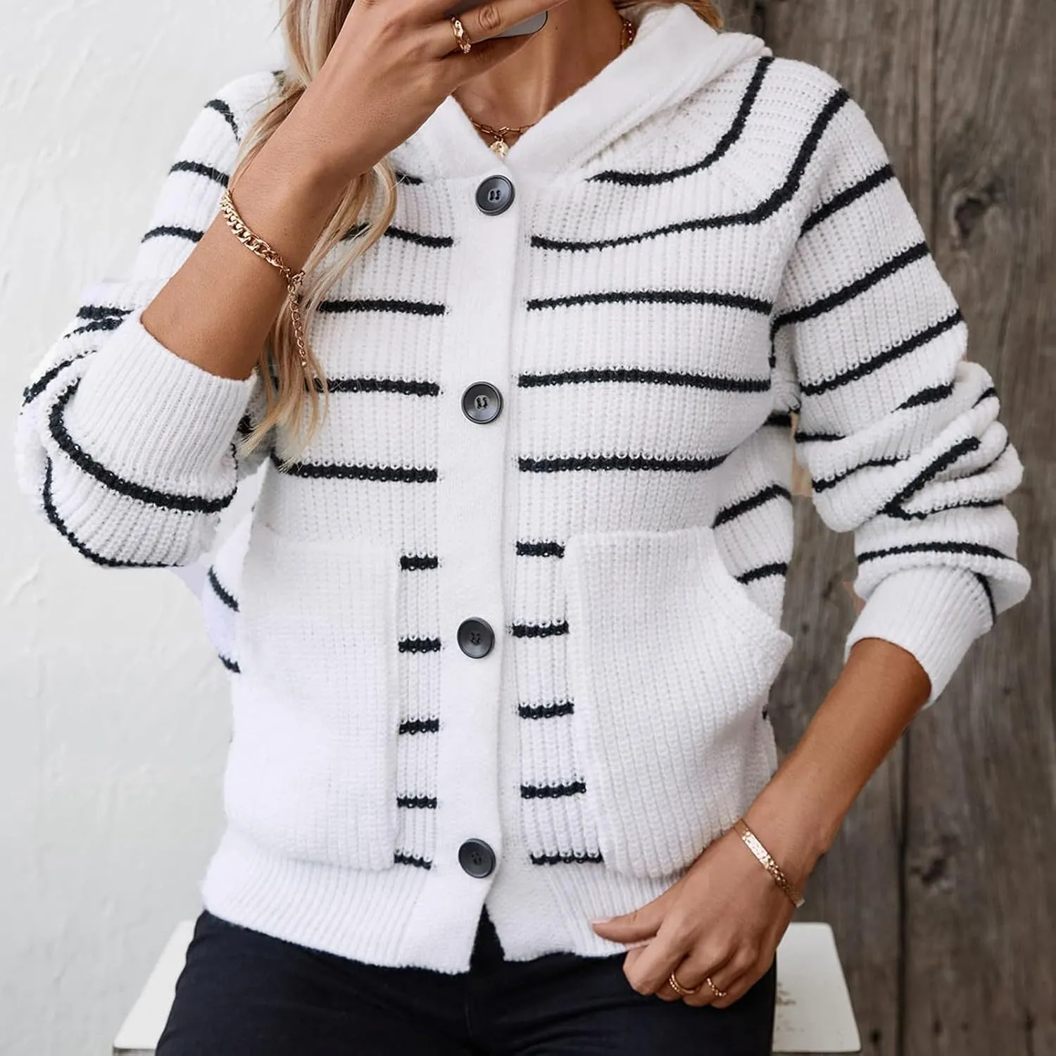 Long Cardigans for Women's Open Front Button up Plus Size Cardigans Striped Loose Chunky Knit Sweaters Outwear Coat