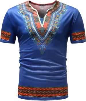 Mens African Dashiki T Shirt Tribal Floral Print V Neck Slim Fit Shirts Tops Casual Short Sleeve Tunic Blouse