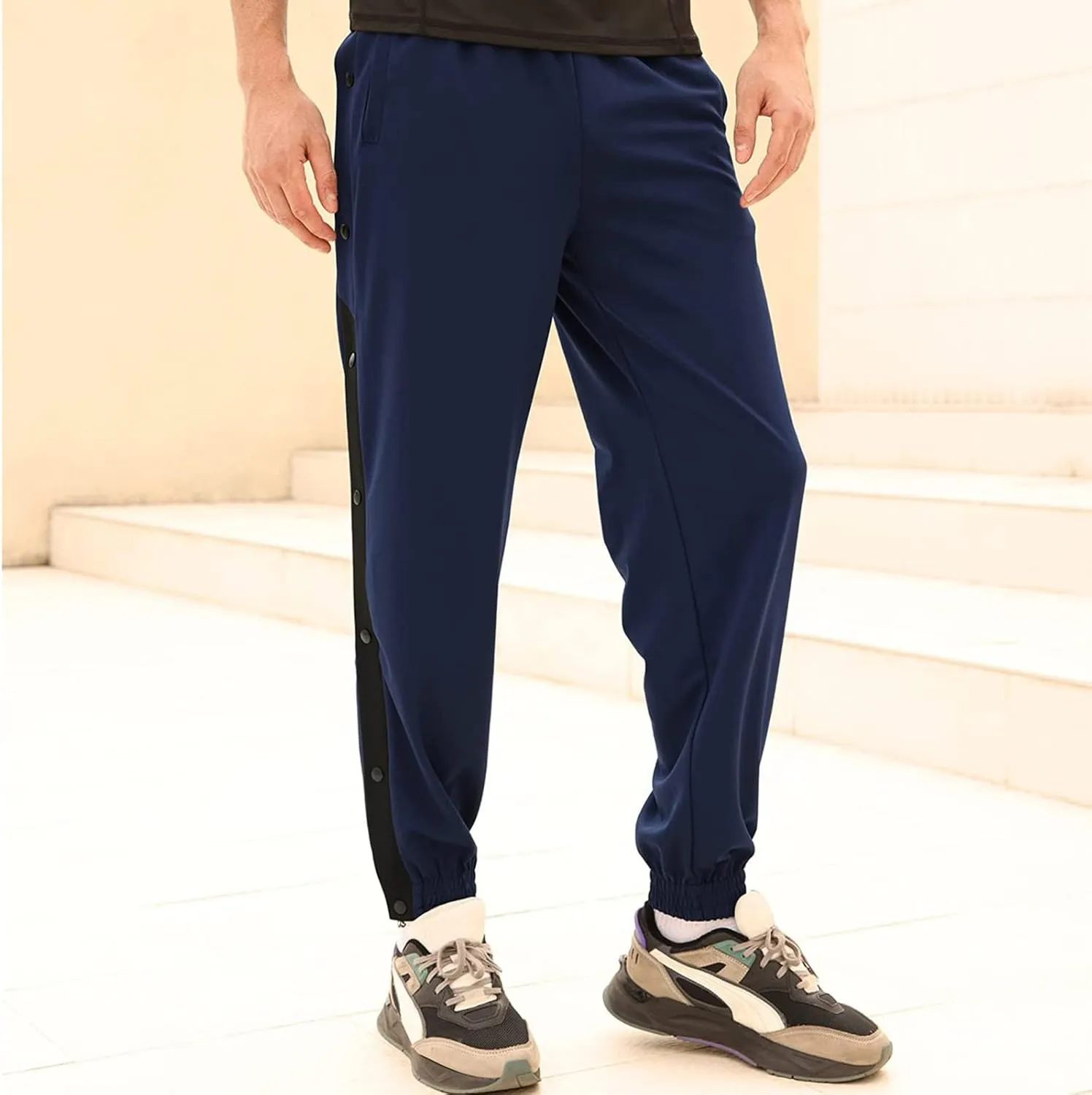 Men's Athletic Basketball Pants High Split Snap Button Casual Sweatpants Jogger with Pockets Casual Workout Trousers
