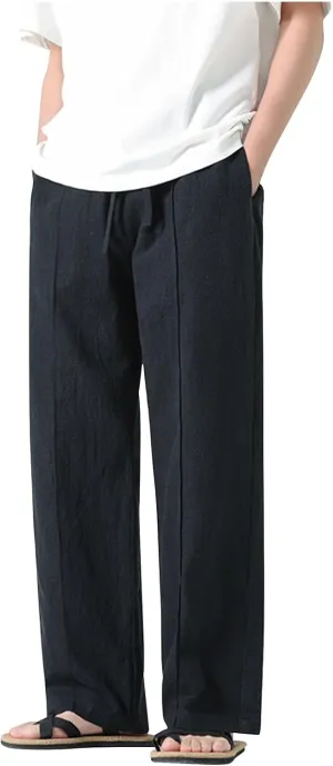 Men's Casual Linen Pants Elastic Waist Drawstring Straight Beach Pants Lightweight Loose Solid Joggers Trousers