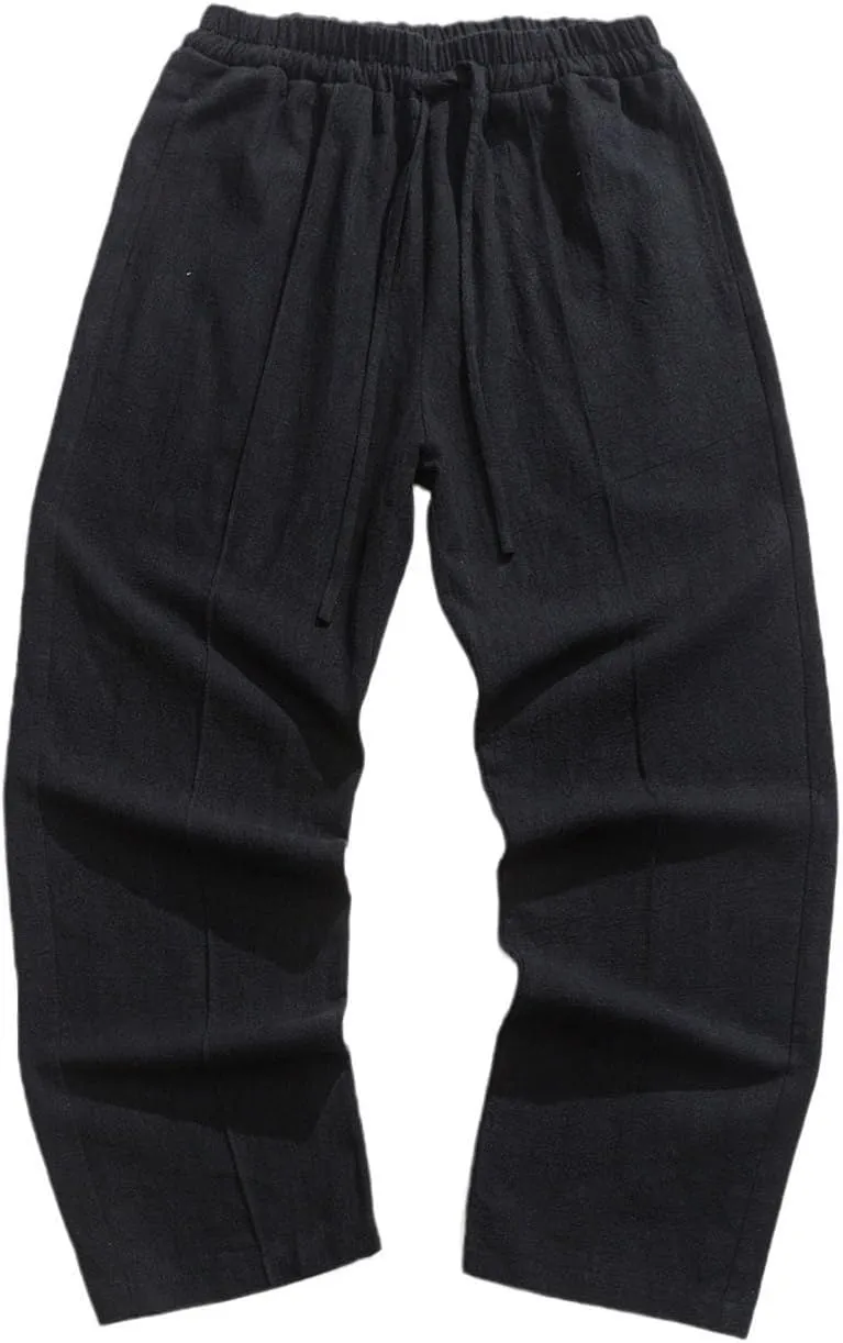 Men's Casual Linen Pants Elastic Waist Drawstring Straight Beach Pants Lightweight Loose Solid Joggers Trousers