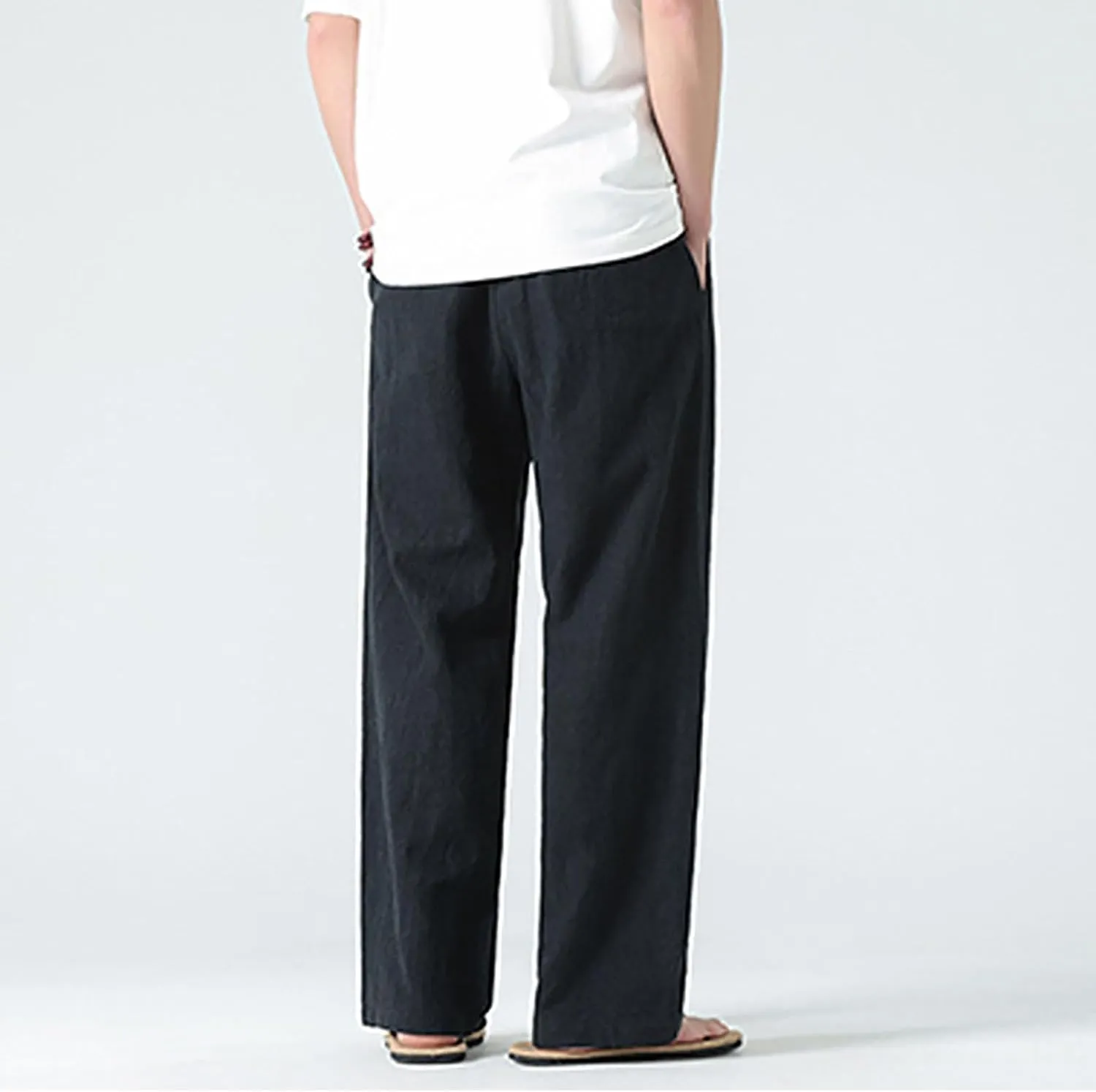 Men's Casual Linen Pants Elastic Waist Drawstring Straight Beach Pants Lightweight Loose Solid Joggers Trousers