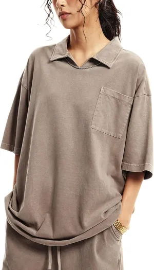 Mens Polo Tshirts Casual Short Sleeve Oversized Lapel Collar Tee Streetwear Vintage Women Acid Wash Shirt M1996