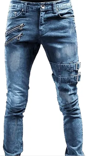 Mens Slim Fit Distressed Biker Jeans Fashion Punk Zipper Fly Streetwear Pants Ripped Straight Leg Casual Denim Pants