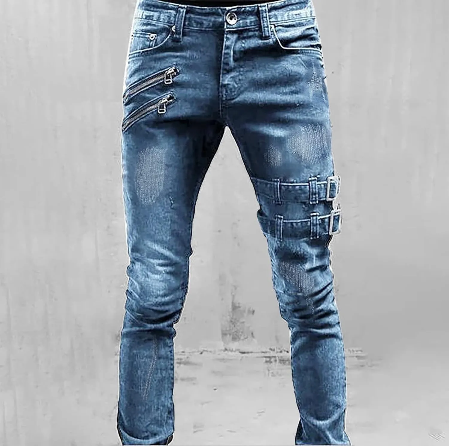 Mens Slim Fit Distressed Biker Jeans Fashion Punk Zipper Fly Streetwear Pants Ripped Straight Leg Casual Denim Pants