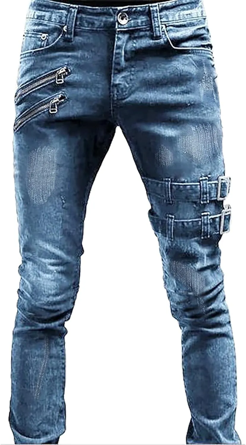 Mens Slim Fit Distressed Biker Jeans Fashion Punk Zipper Fly Streetwear Pants Ripped Straight Leg Casual Denim Pants