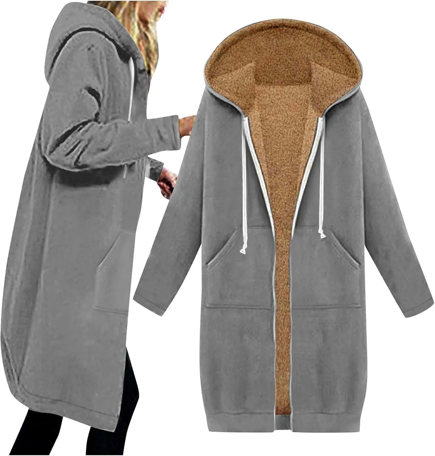 Miyaomn Women's Zip Up Oversized Long Hoodies Sherpa Lined Long Sleeve Hooded Sweatshirts Winter Fleece Jackets with Pockets