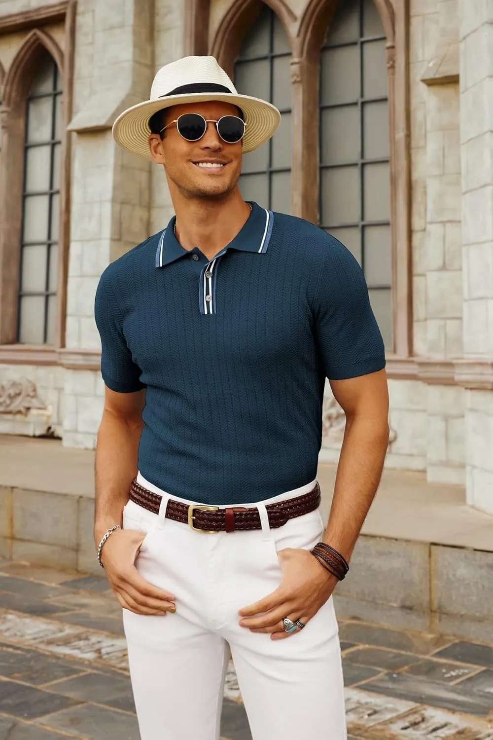 PJ PAUL JONES Mens Knitted Polo Shirts Short Sleeve Textured Pullover Golf Polo T Shirts