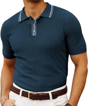 PJ PAUL JONES Mens Knitted Polo Shirts Short Sleeve Textured Pullover Golf Polo T Shirts