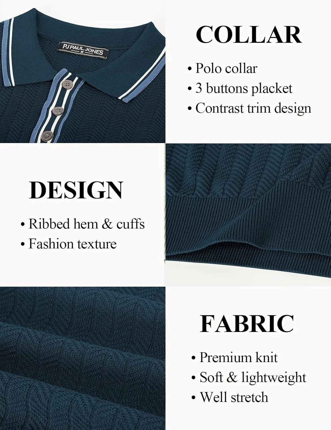 PJ PAUL JONES Mens Knitted Polo Shirts Short Sleeve Textured Pullover Golf Polo T Shirts