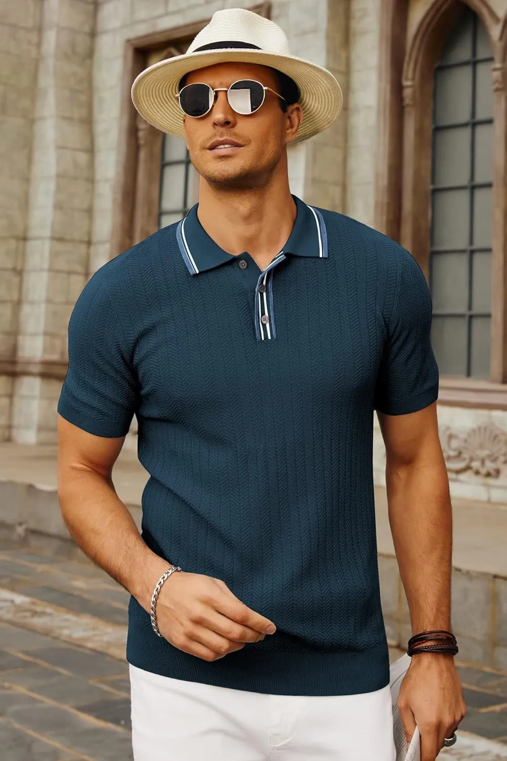 PJ PAUL JONES Mens Knitted Polo Shirts Short Sleeve Textured Pullover Golf Polo T Shirts