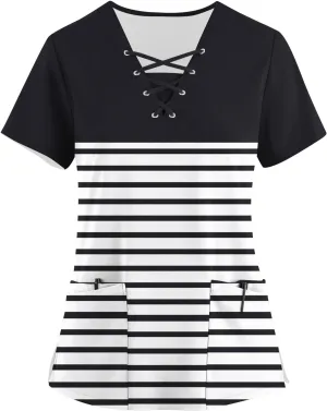 Scrubs for Women Print Criss Cross V Neck Working T-Shirts Short Sleeve T Shirts Trendy Scrubs Tops with 4 Pockets