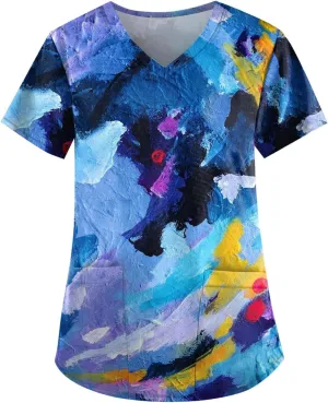 Scrubs for Women Printed V Neck Working T-Shirts Short Sleeve Dressy Care Workwear Summer Plus Size T Shirts