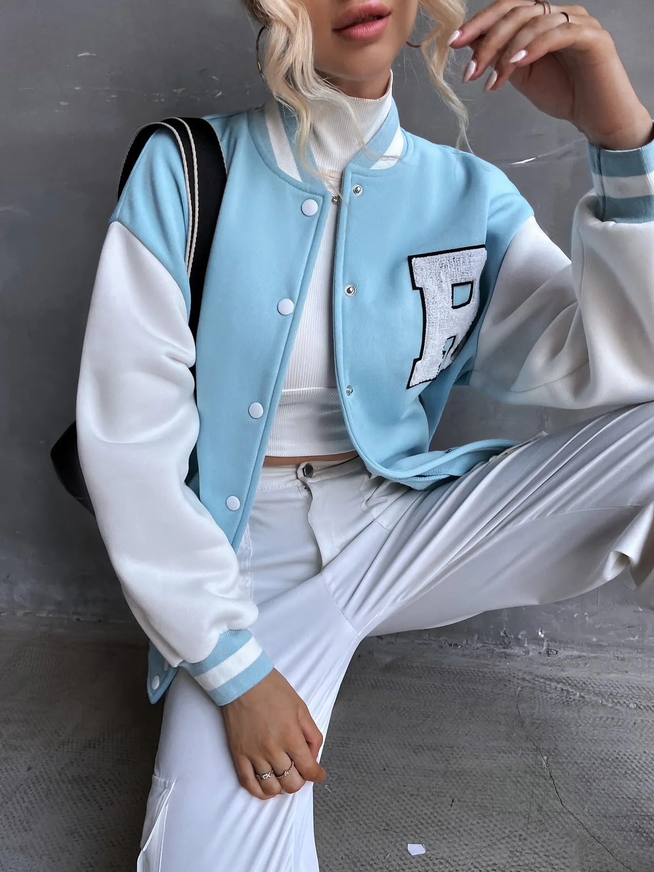 SHEIN MOOSTA Letter Patched Drop Shoulder Varsity Jacket