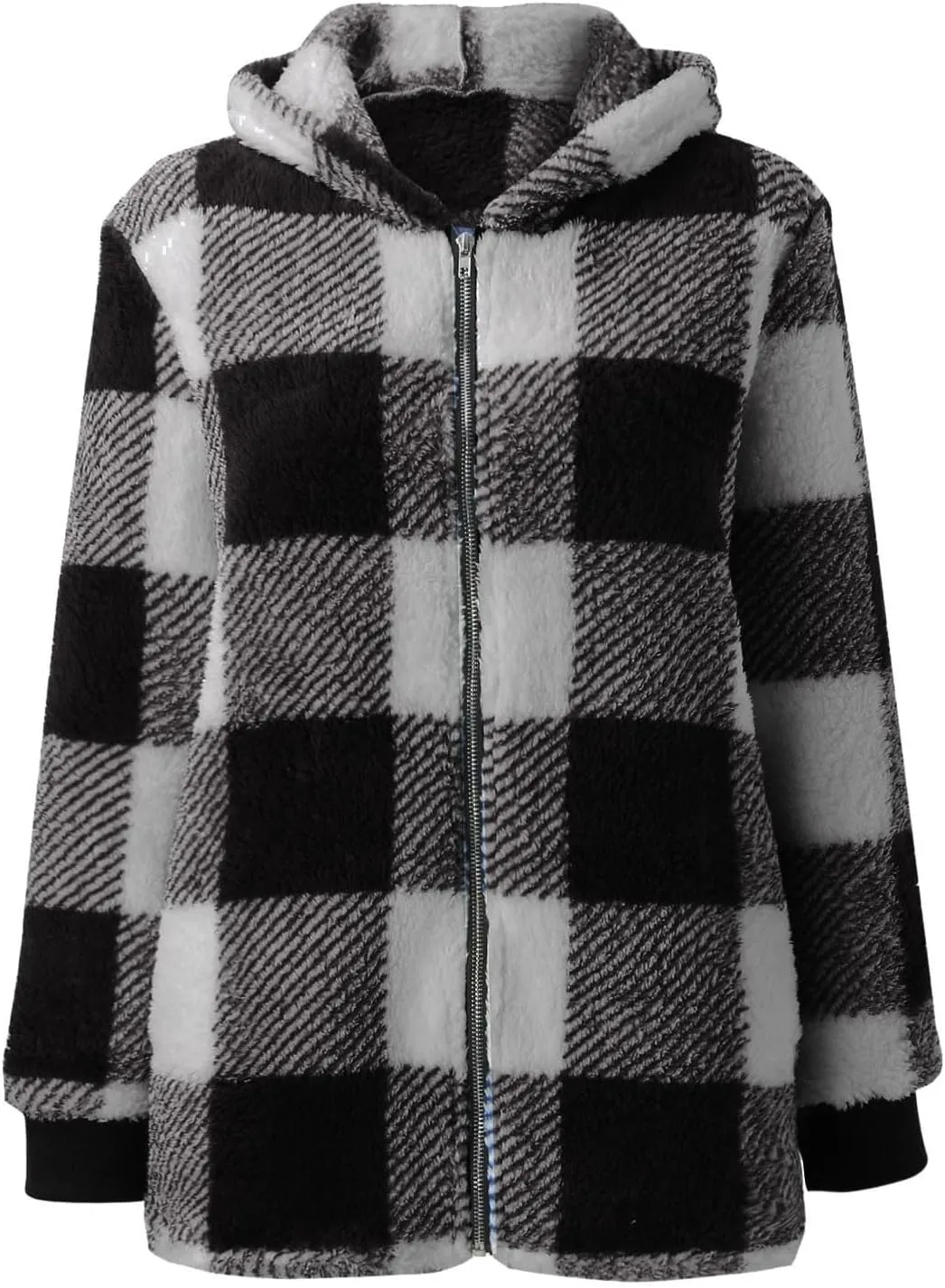 Sherpa Plaid Jackets for Women Fuzzy Fleece Oversized Open Front Hooded Cardigan Full Zip Plush Warm Winter Coats