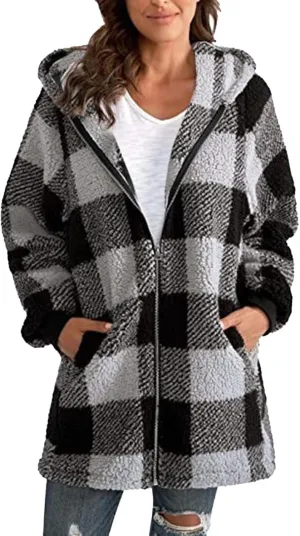 Sherpa Plaid Jackets for Women Fuzzy Fleece Oversized Open Front Hooded Cardigan Full Zip Plush Warm Winter Coats