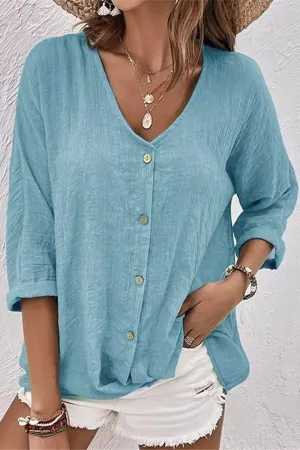 Simplicity Solid Buttons V Neck Tops