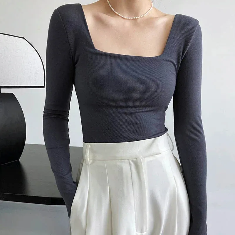 Slim-fit Square-neck Long Sleeve Tee