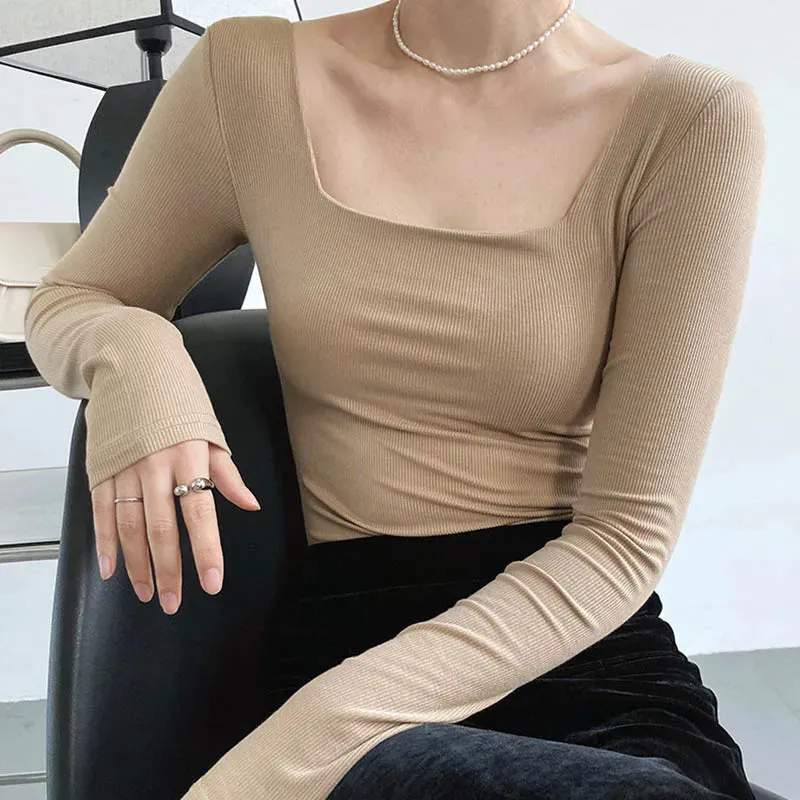 Slim-fit Square-neck Long Sleeve Tee