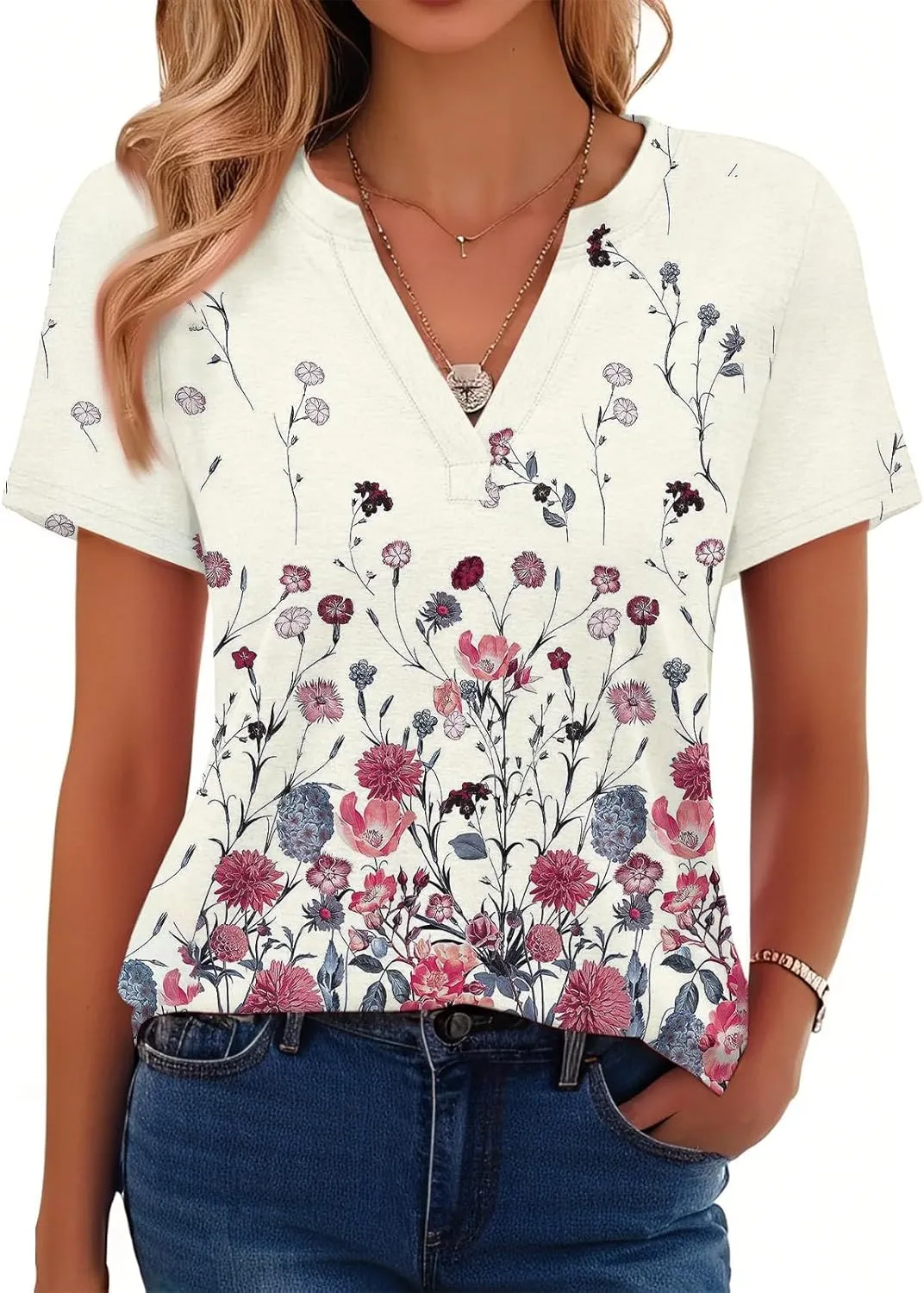 Summer Tops for Womens 2025 Short Sleeve T-Shirts Trendy Fashion Clothes V Neck Tshirts Ladies Casual Blouses