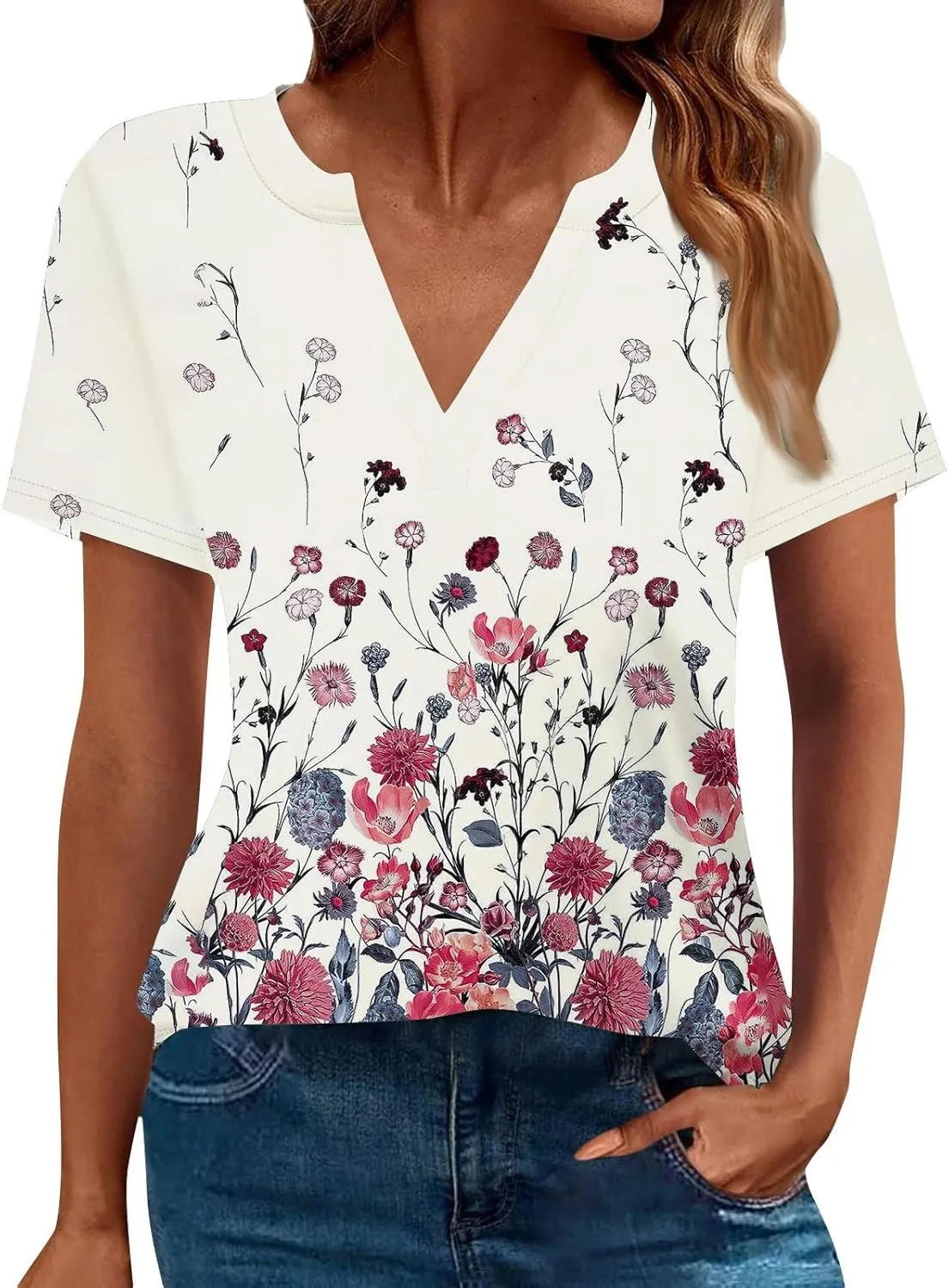Summer Tops for Womens 2025 Short Sleeve T-Shirts Trendy Fashion Clothes V Neck Tshirts Ladies Casual Blouses