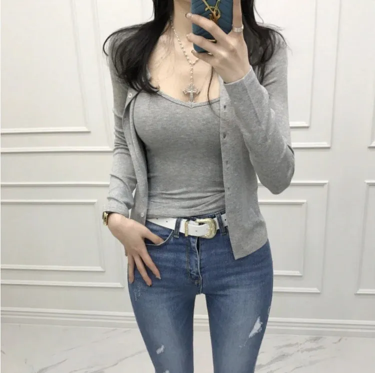 two pieces set vest cardigan   Solid cotton Sexy slim Sleeveless