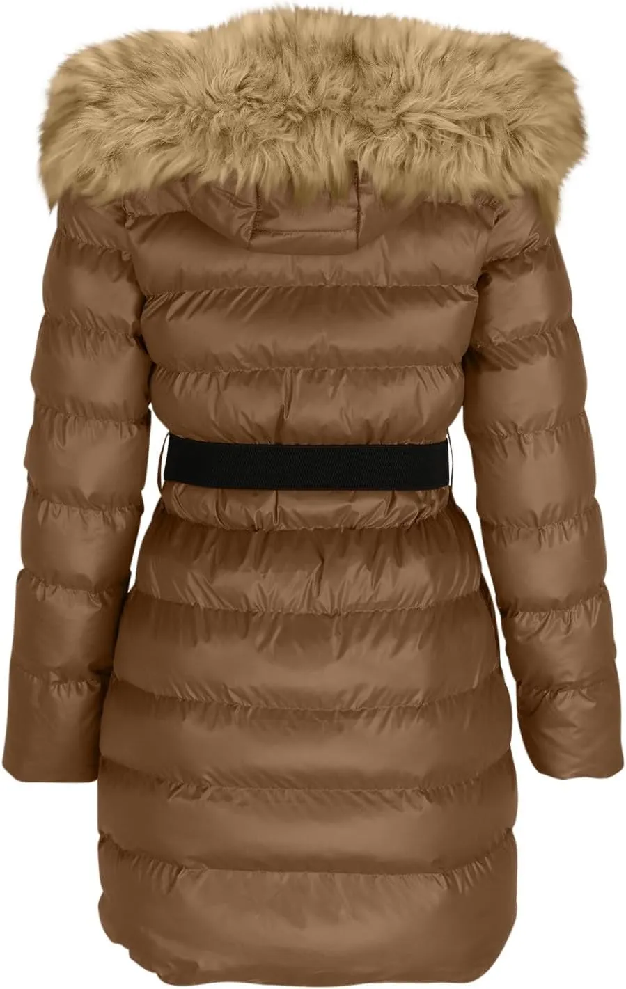 Women Winter Thicken Quilted Puffer Jacket Warm Padded Cotton Coat Zip Belted Down Outwear with Faux Fur Removable Hood
